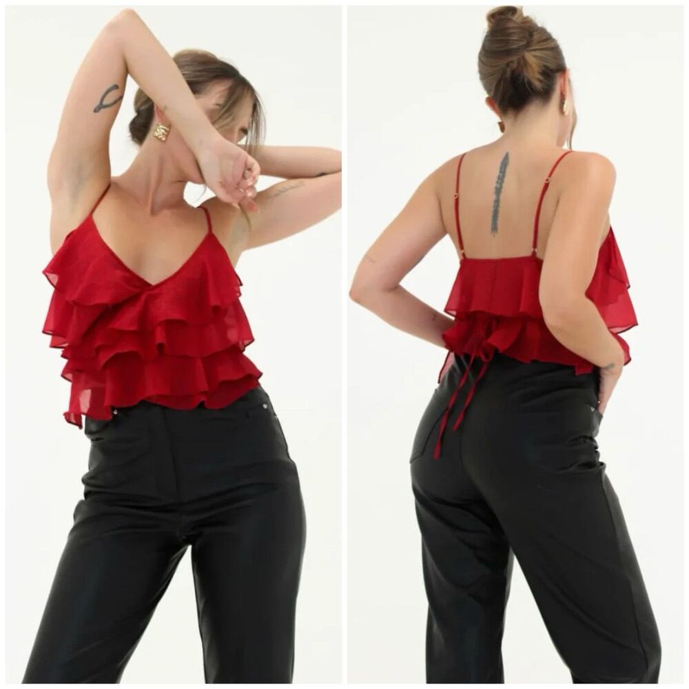 Rumored Tango Tank Red Shimmer Ruffled Adjustable Straps Size L NWT